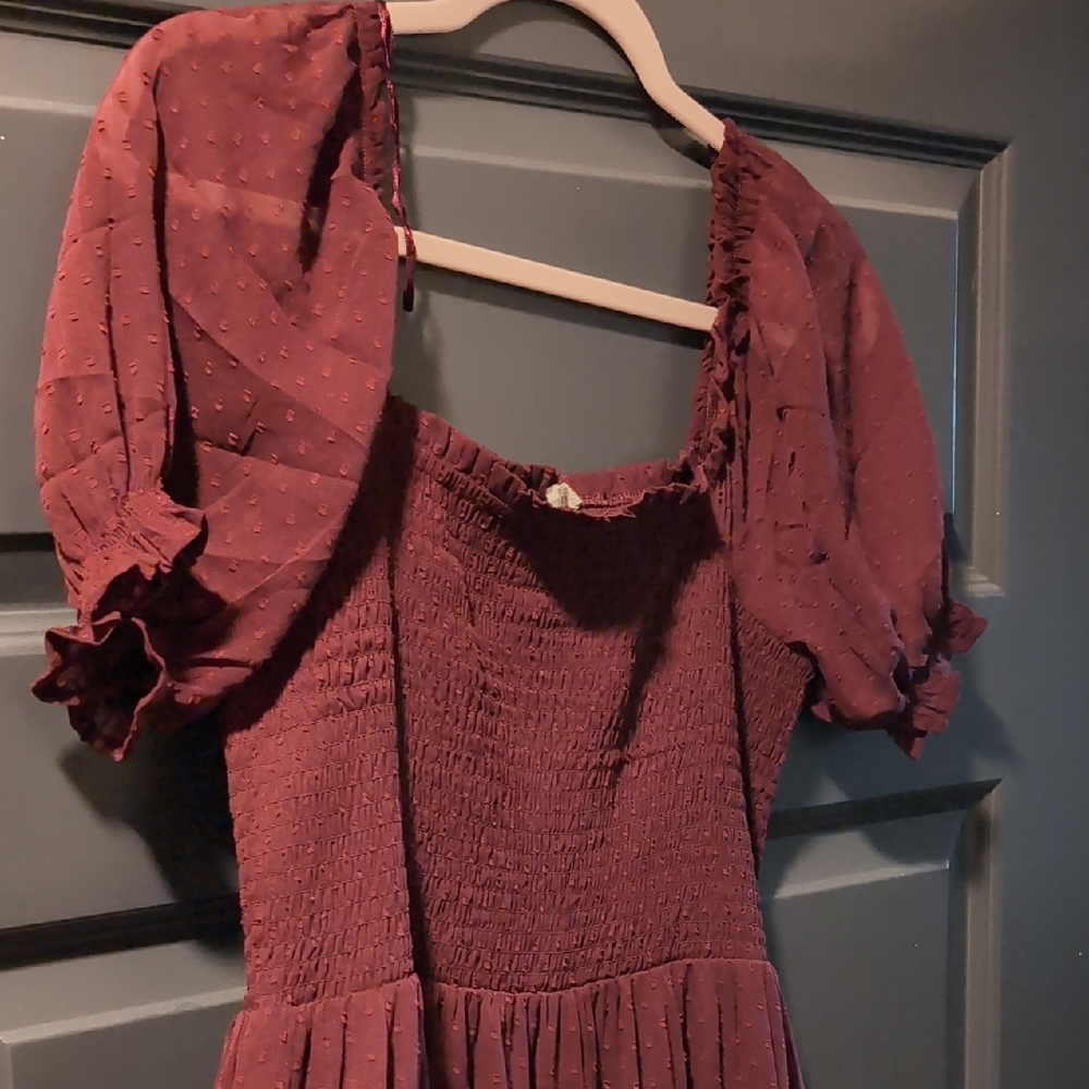 Patrons of Peace Burgundy Puff-Sleeve Smocked Dress